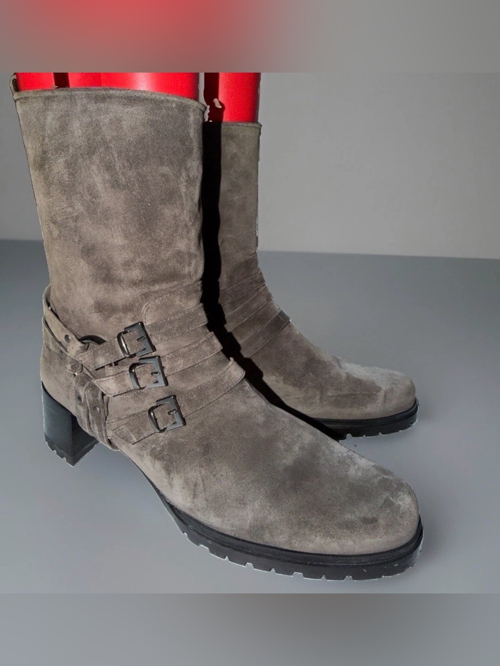 NWOB Womens Stuart Weitzman Ranch Dressing Moto Harness Suede Boots Sz 9.5